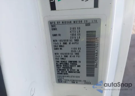 2020 Nissan Nv200 2.5S z USA, uszkodzony, nr VIN 3N6CM0KN8LK701339